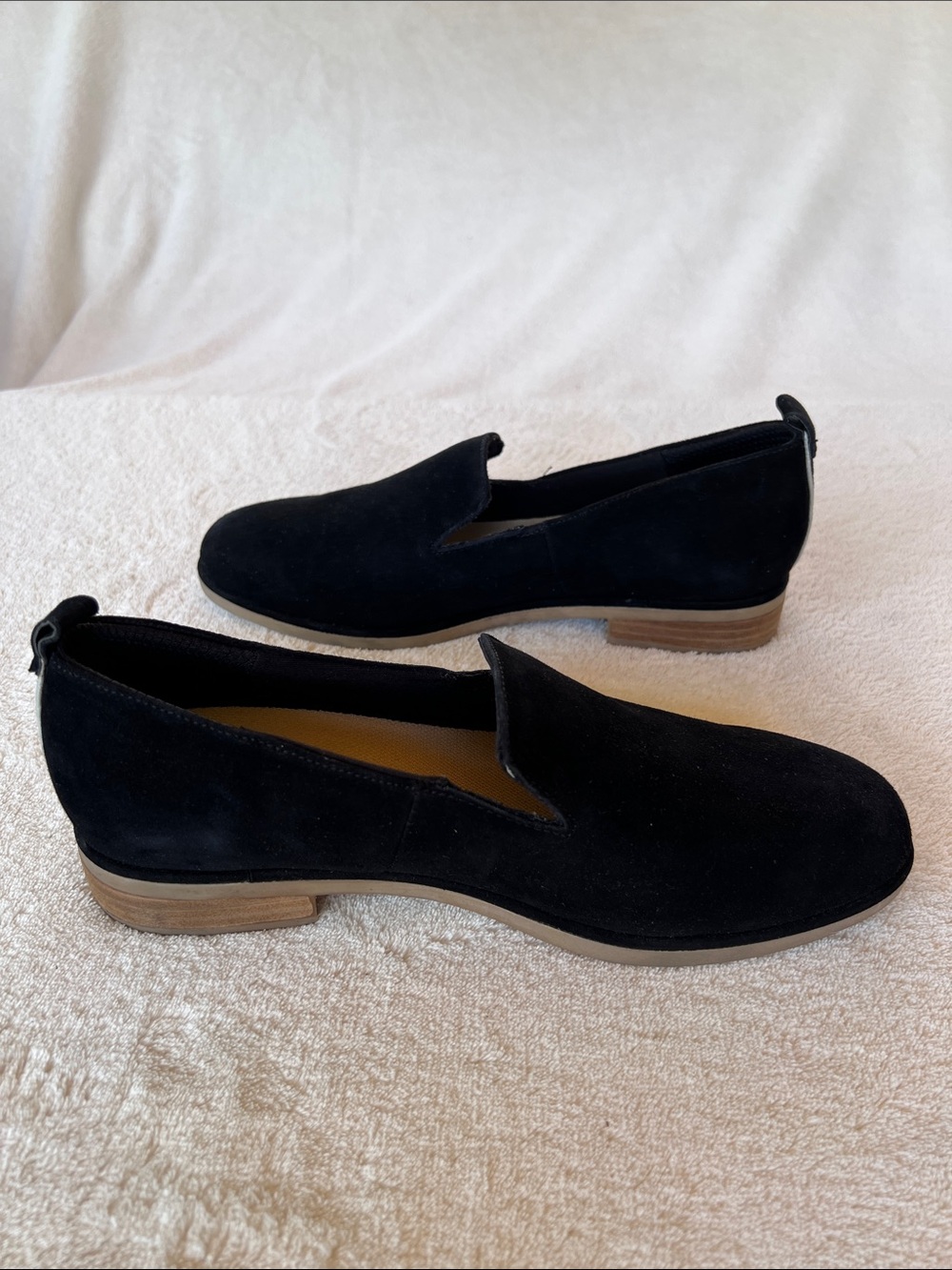 DR SCHOLLS BLACK SUEDE LEATHER SLIP ON LOAFERS STACKED LOW HEEL SIZE 7.5 - Picture 13 of 13